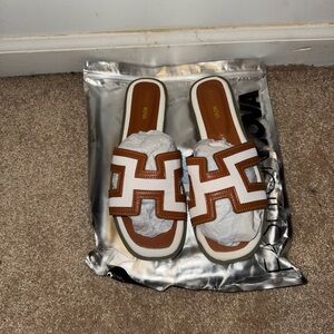 Fashion Nova Brown and White Slide Sandals